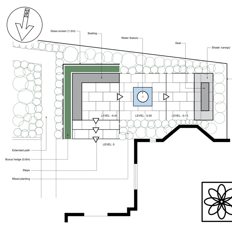 A contemporary garden with water and lighting